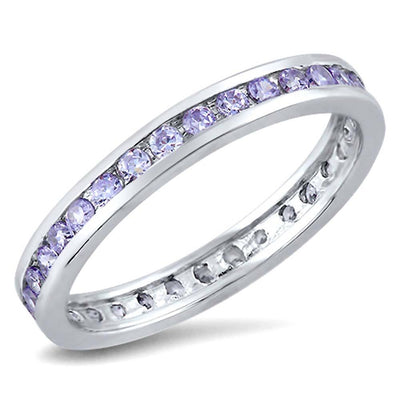 Sterling Silver 3mm Rhodium Plated Eternity Band Ring with Lavender Simulated Crystals on Channel Setting