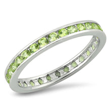 Load image into Gallery viewer, Sterling Silver Classy Eternity Band Ring with Peridot Simulated Crystals on Channel Setting with Rhodium FinishAnd Band Width 3MM
