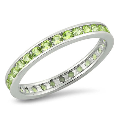 Sterling Silver 3mm Rhodium Plated Eternity Band Ring with Peridot Simulated Crystals on Channel Setting