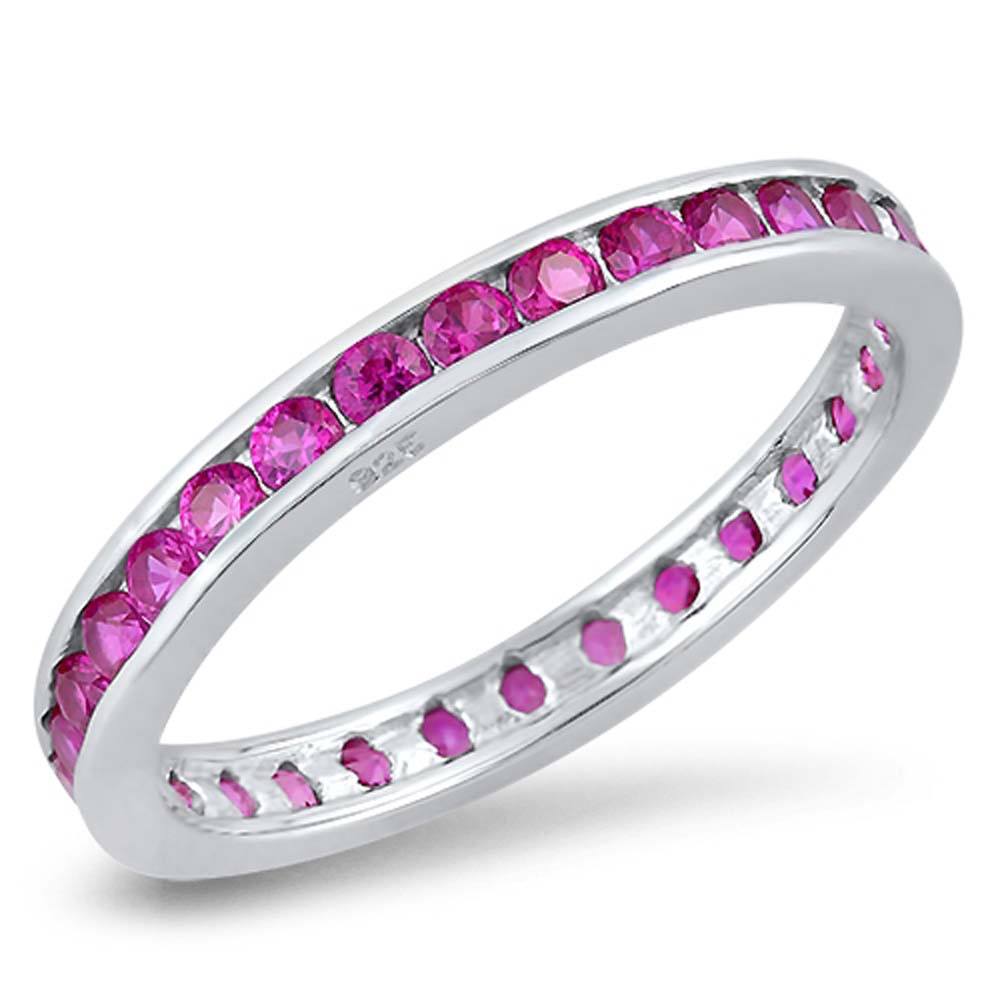 Sterling Silver 3mm Rhodium Plated Eternity Band Ring with Ruby Crystals on Channel Setting