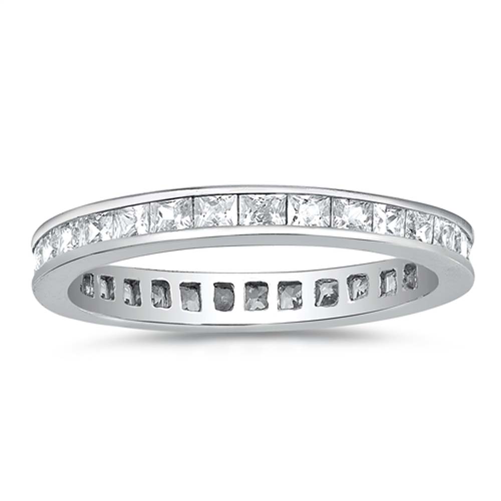 Sterling Silver Round Wedding Band Shaped Clear CZ RingAnd Band Width 4mm