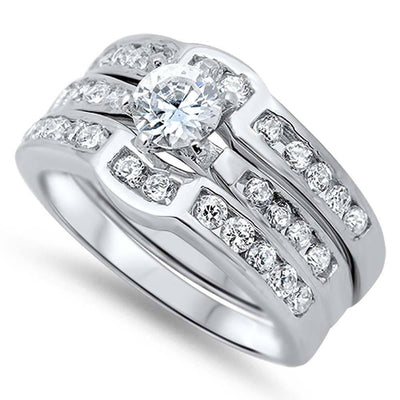 Sterling Silver Clear CZ Fancy 3 Piece Engagement Ring Set with Ring Face Height of 10MM and Ring Band Width of 7MM