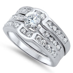 Sterling Silver Clear CZ Fancy 3 Piece Engagement Ring Set with Ring Face Height of 10MM and Ring Band Width of 7MM