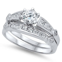 Sterling Silver Pincess Cut Clear CZ 2 Piece Engagement Ring Set with a Round Clear CZ in the CenterAnd Ring Face Width of 7MM and Ring Band Width of 2MM