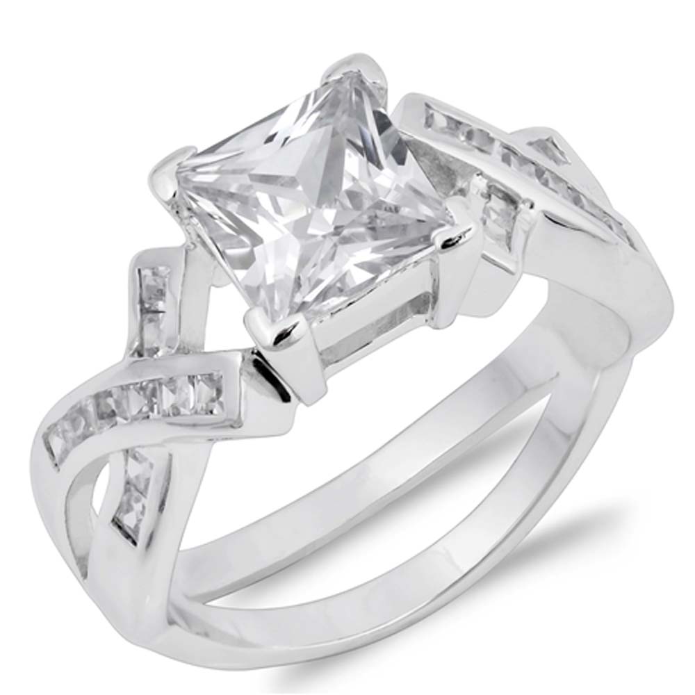 Sterling Silver Square Shaped Clear CZ RingAnd Face Height 8mmAnd Band Width 6mm