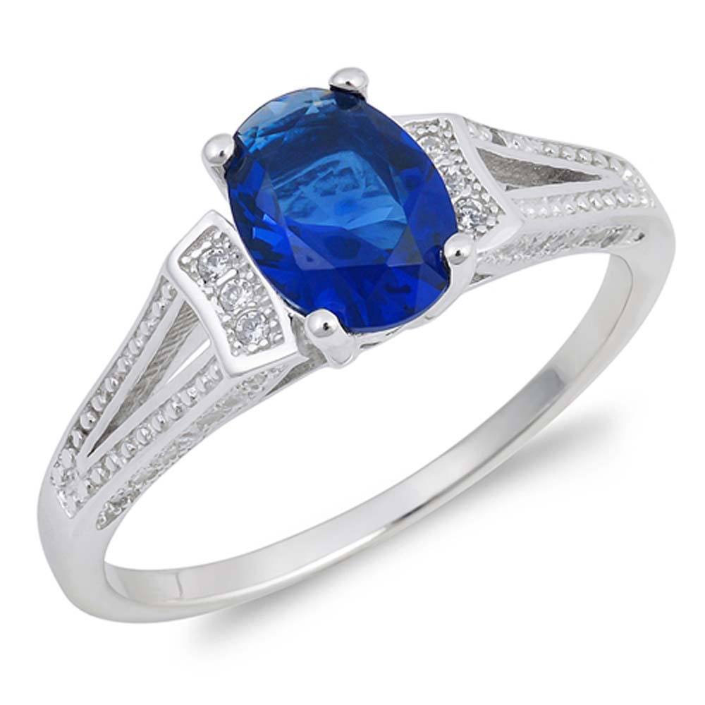 Sterling Silver Blue Sapphire Oval Shaped Clear CZ RingAnd Face Height 8mm