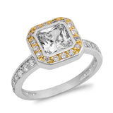 Sterling Silver Square Shaped Yellow And Clear CZ RingAnd Face Height 12mmAnd Band Width 3mm