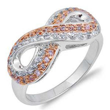 Load image into Gallery viewer, Sterling Silver Infinity Shaped Pink And Clear CZ RingsAnd Face Height 11mmAnd Band Width 3mm