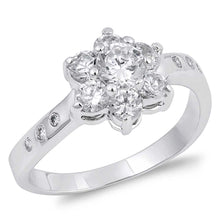 Load image into Gallery viewer, Sterling Silver Flower Shaped Clear CZ RingAnd Face Height 11mmAnd Band Width 3mm