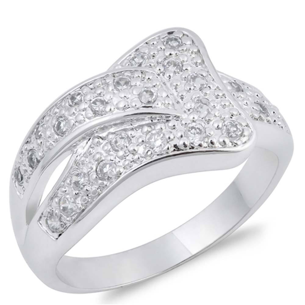 Sterling Silver Curve Shaped Clear CZ RingAnd Face Height 13mmAnd Band Width 4mm