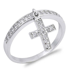 Load image into Gallery viewer, Rhodium Plated Sterling Silver Clear CZ Ring with Dangling Clear CZ CrossAnd Ring Band Width of 2.25MM and Cross Height of 23MM