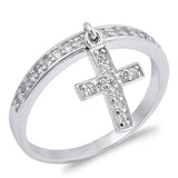 Rhodium Plated Sterling Silver Clear CZ Ring with Dangling Clear CZ CrossAnd Ring Band Width of 2.25MM and Cross Height of 23MM