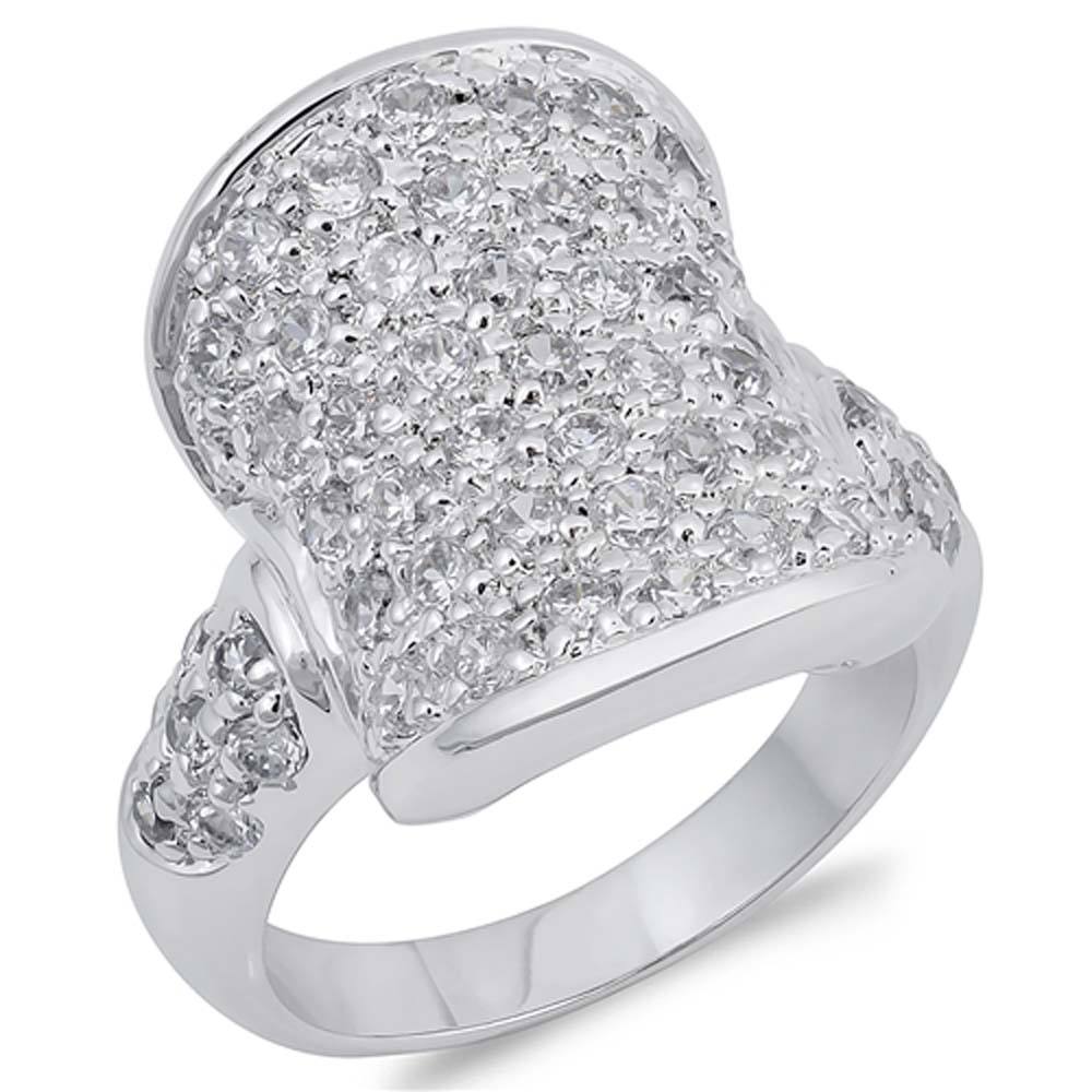 Sterling Silver Concave Shaped Clear CZ RingAnd Face Height 20mmAnd Band Width 4mm