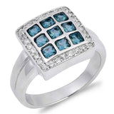 Sterling Silver Square Shaped Aquamarine And Clear CZ RingAnd Face Height 14mmAnd Band Width 5mm