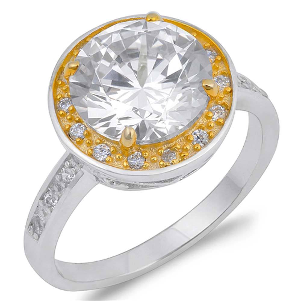 Sterling Silver Round Shaped Yellow And Clear CZ RingAnd Face Height 14mmAnd Band Width 3mm