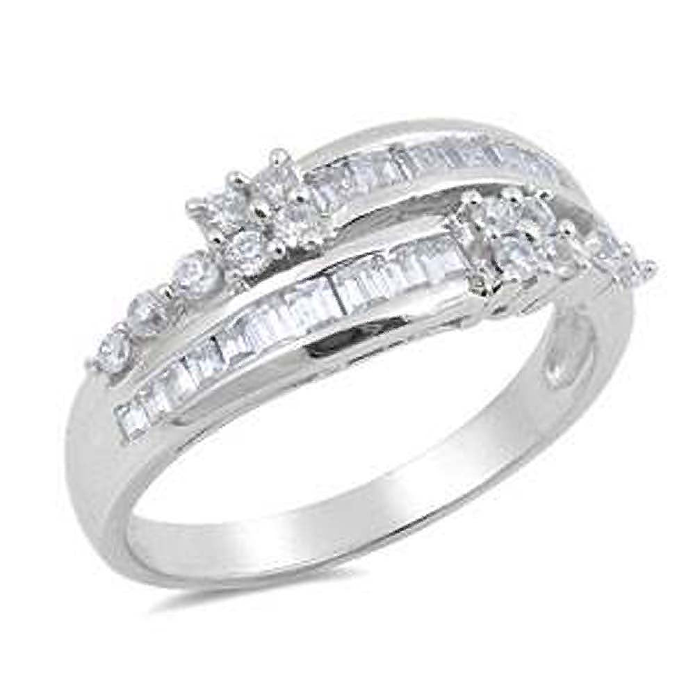 Sterling Silver Double Lines Shaped Clear CZ RingsAnd Face Height 8mmAnd Band Width 3mm