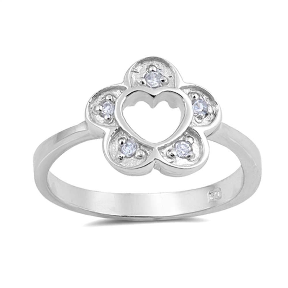 Sterling Silver Flower With Heart Shaped Clear CZ RingAnd Face Height 11mmAnd Band Width 3mm