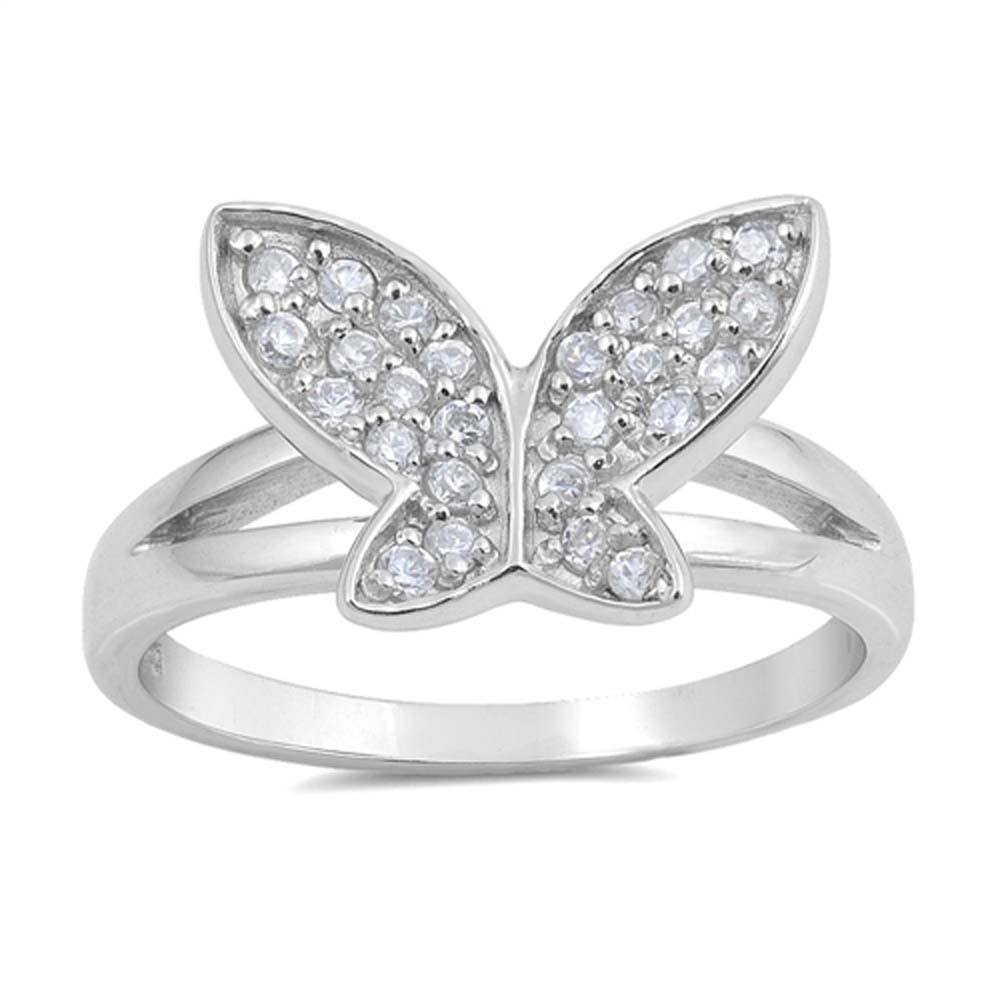 Sterling Silver Butterfly Shaped Clear CZ RingsAnd Charm Height 11mmAnd Band Width 2mm