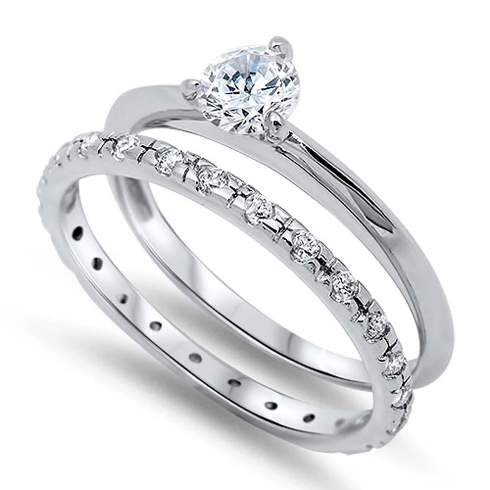 Sterling Silver Clear CZ Fancy 2 Piece Engagement Ring Set with 3 Prong ...