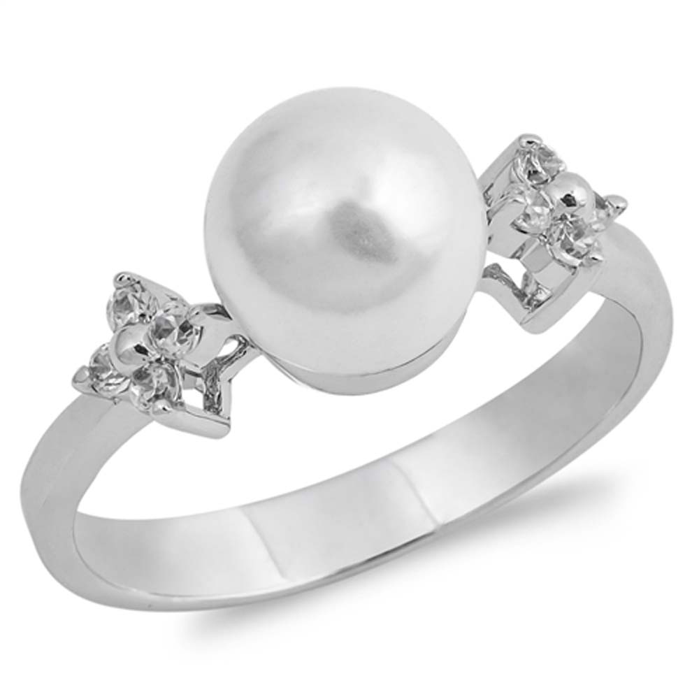 Sterling Silver Simulated Round Pearl Shaped Clear CZ RingsAnd Face Height 9mm