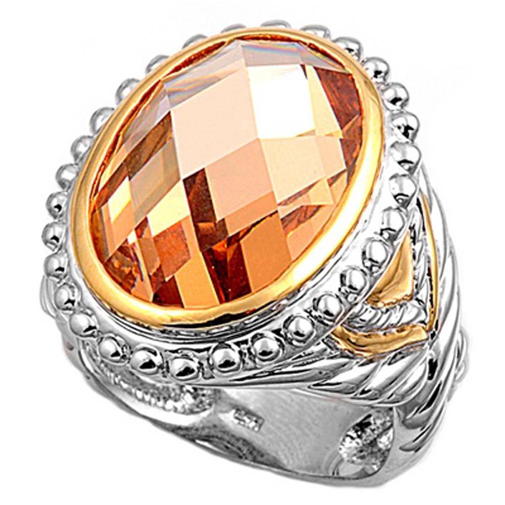 Sterling Silver Two Tone Oval Shaped Champagne CZ Ring