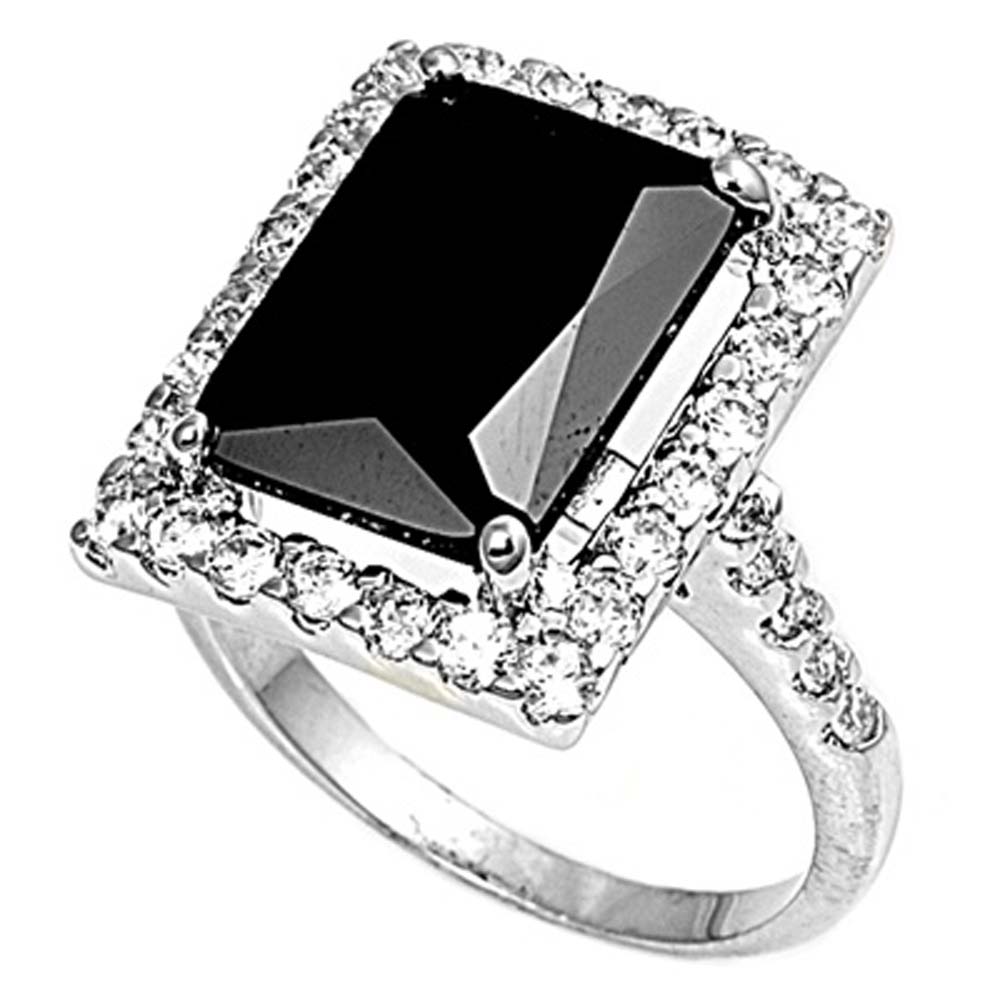 Sterling Silver Rectangle Shaped Black And Clear CZ Rings