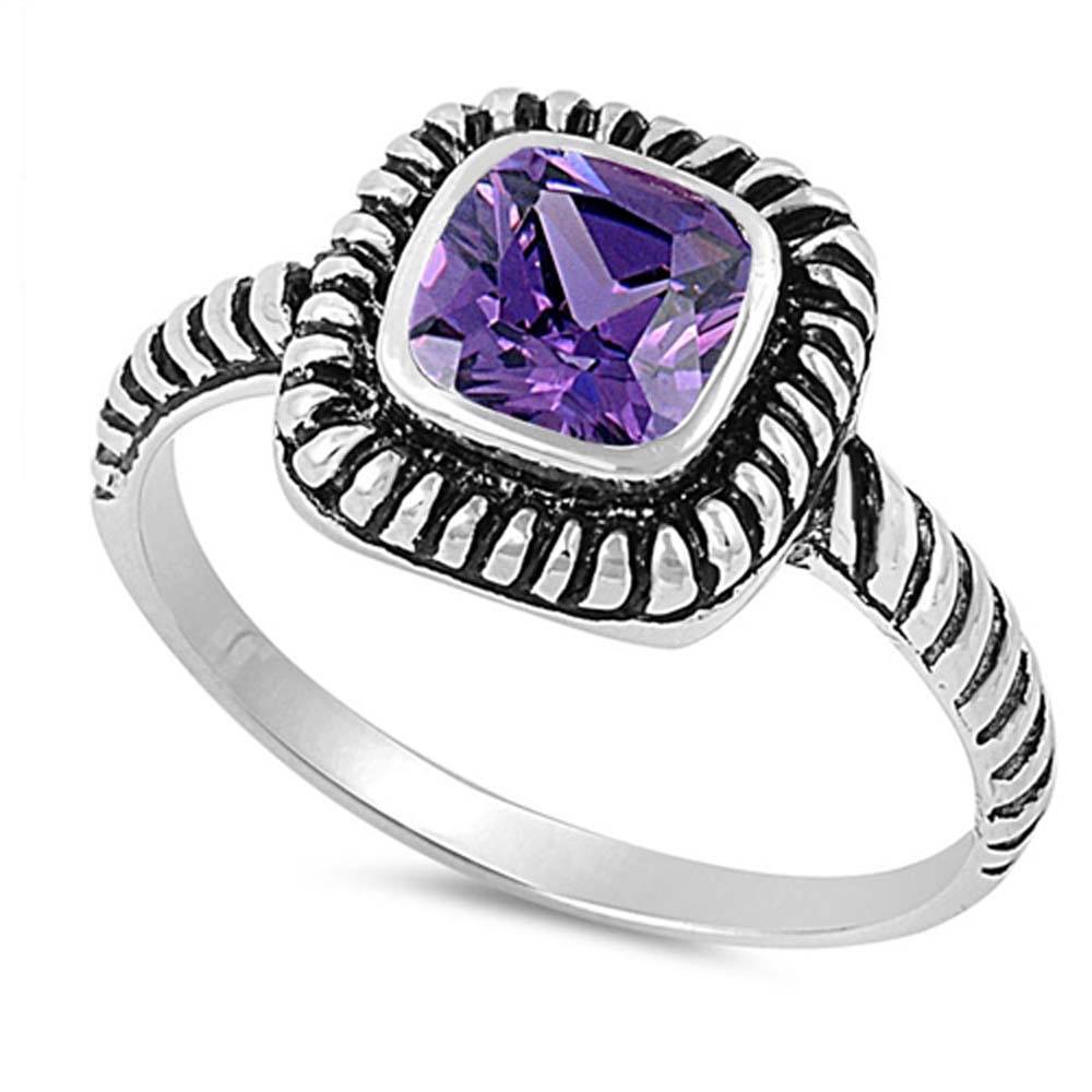 Sterling Silver Antique Style Princess Cut Amethyst Cz Rope Band Ring with Face Heigth of 8MM