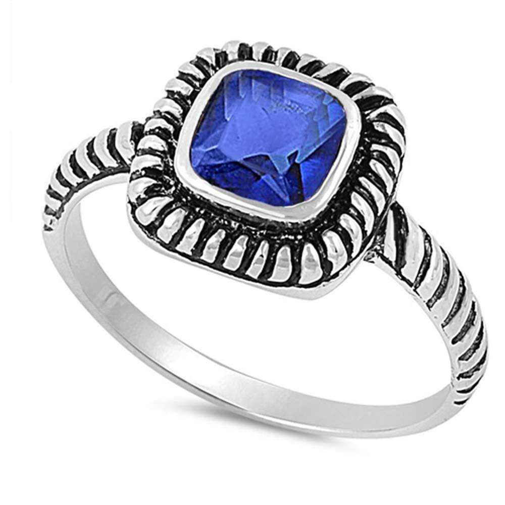 Sterling Silver Spinner Blue Sapphire Square Shaped CZ RingAnd Face Height 8mm