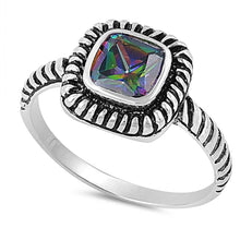 Load image into Gallery viewer, Sterling Silver Fancy Princess Cut Rainbow Topaz Simulated Diamond with Rope Design Face Height 8MM