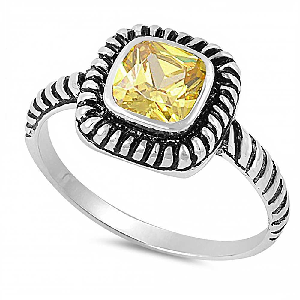 Sterling Silver Square Yellow Cubic Zirconia Ring