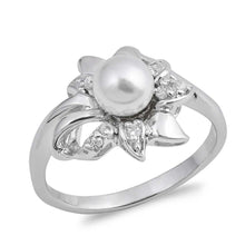 Load image into Gallery viewer, Sterling Silver Flower Shaped Clear CZ Rings With Round PearlAnd Face Height 13mm