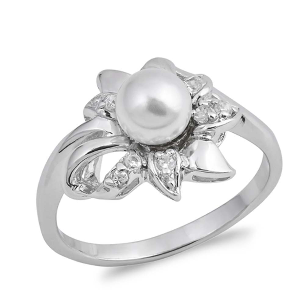 Sterling Silver Flower Shaped Clear CZ Rings With Round PearlAnd Face Height 13mm