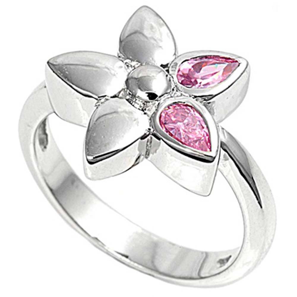 Sterling Silver Flower Shaped Pink CZ Rings