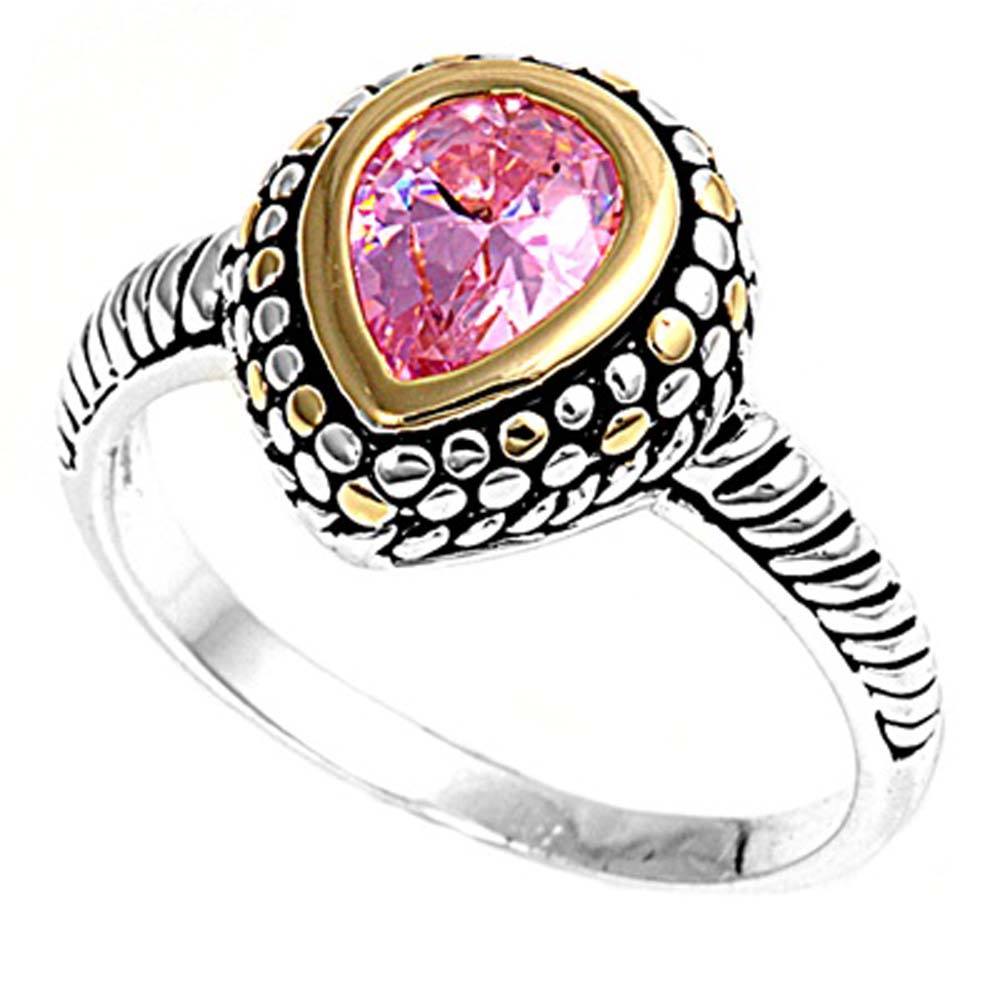 Sterling Silver Two Tone Pear Shaped Pink CZ Ring