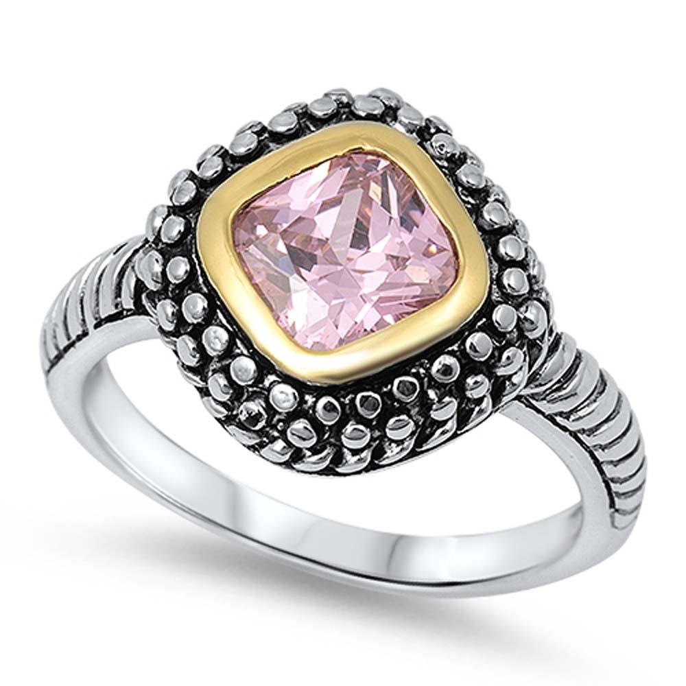 Sterling Silver Bali Diamond Shaped Pink CZ RingsAnd Face Height 20mm