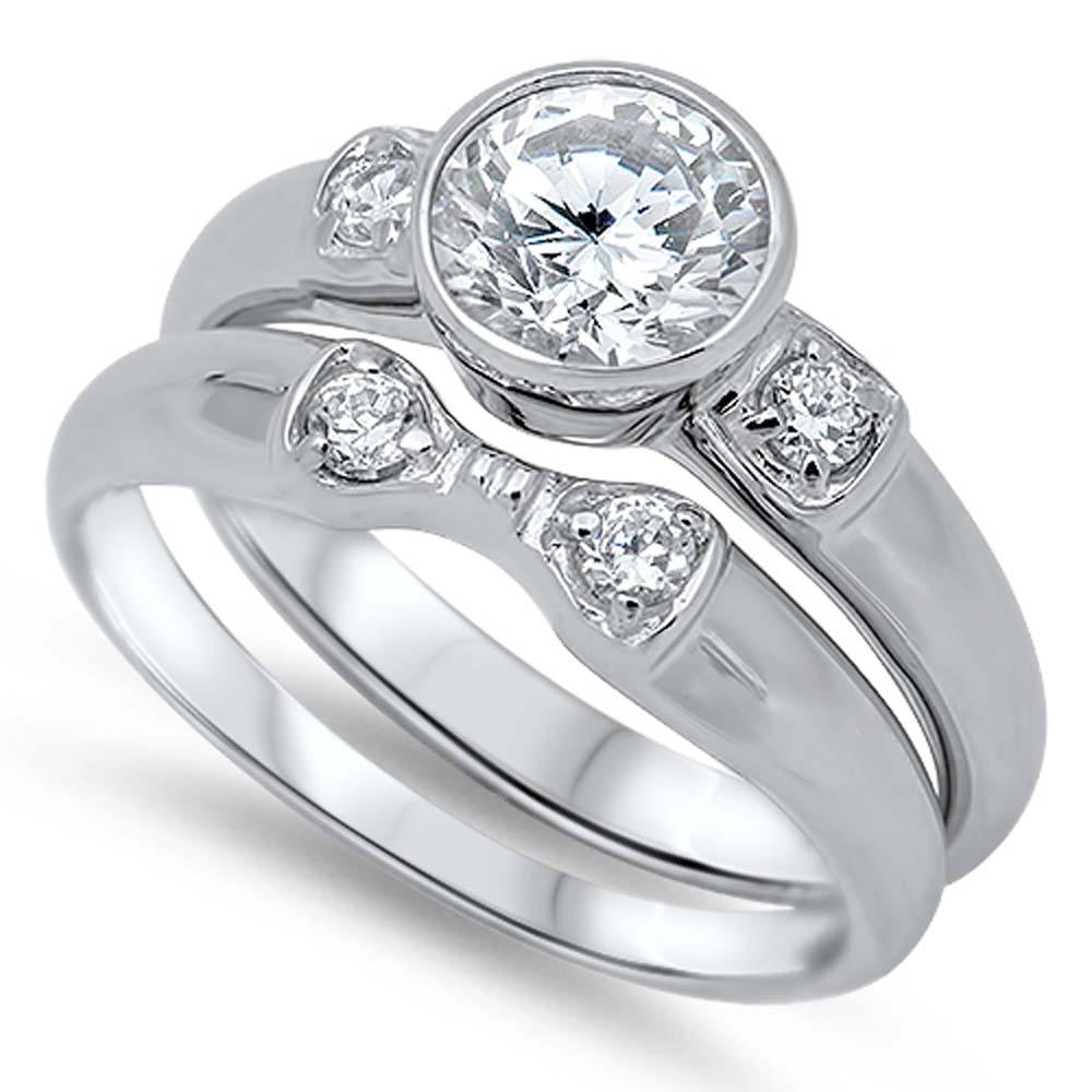 Sterling Silver Clear CZ 2 Piece Engagement Ring Set with a Bezel Set 2MM Round Clear CZ in the CenterAnd Combined Ring Band Width of 2MM