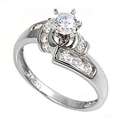 Sterling Silver Round Flower Shaped Clear CZ Ring
