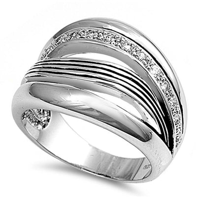 Sterling Silver Rhodium Plated Spring Shaped Clear CZ Ring