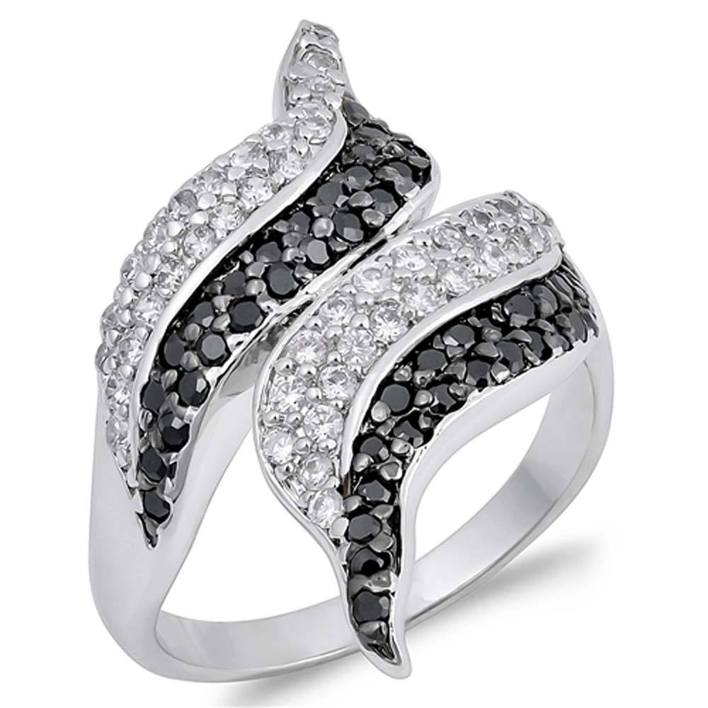 Sterling Silver Curves Shaped Black And Clear CZ Rings