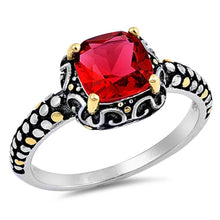 Load image into Gallery viewer, Sterling Silver Rhodium And Part Gold Plated Square Shaped Synthetic Ruby CZ RingAnd Face Height 9mm