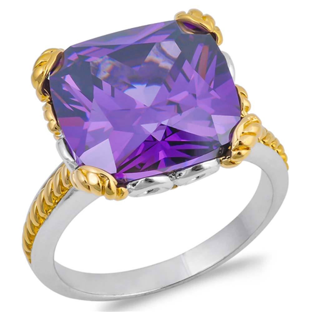 Sterling Silver Two Tone Square Shaped Blue Sapphire CZ Rings