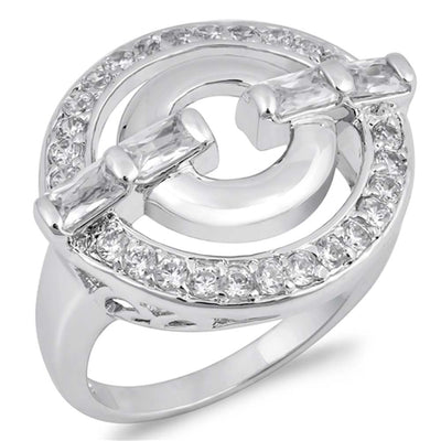 Sterling Silver Round Circle Lock Shaped Clear CZ Ring