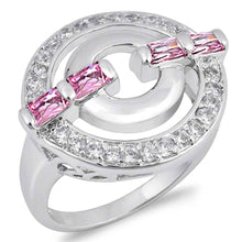 Load image into Gallery viewer, Sterling Silver Round Circle Lock Shaped Pink And Clear CZ Ring