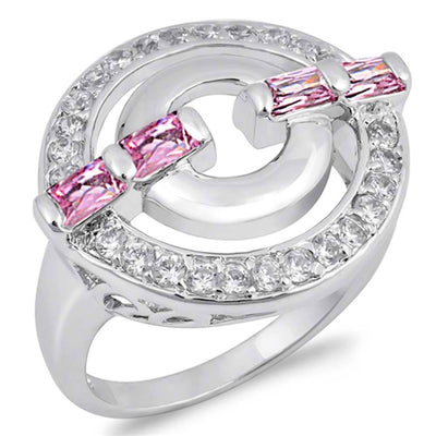 Sterling Silver Round Circle Lock Shaped Pink And Clear CZ Ring