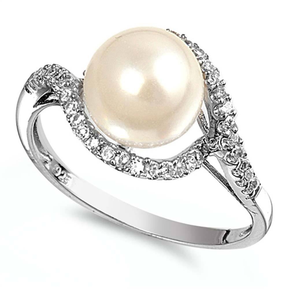 Sterling Silver Infinity Shaped Clear CZ Rings With White Pearl