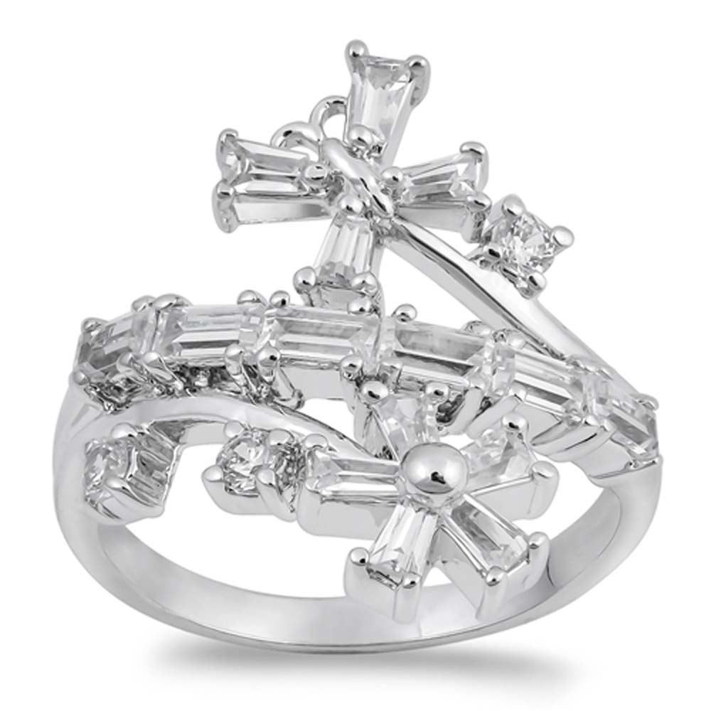 Sterling Silver Cross And Flower Clear CZ Ring