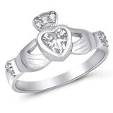 Sterling Silver Claddagh Shaped Clear CZ RingAnd Face Height 11mmAnd Band Width 2mm