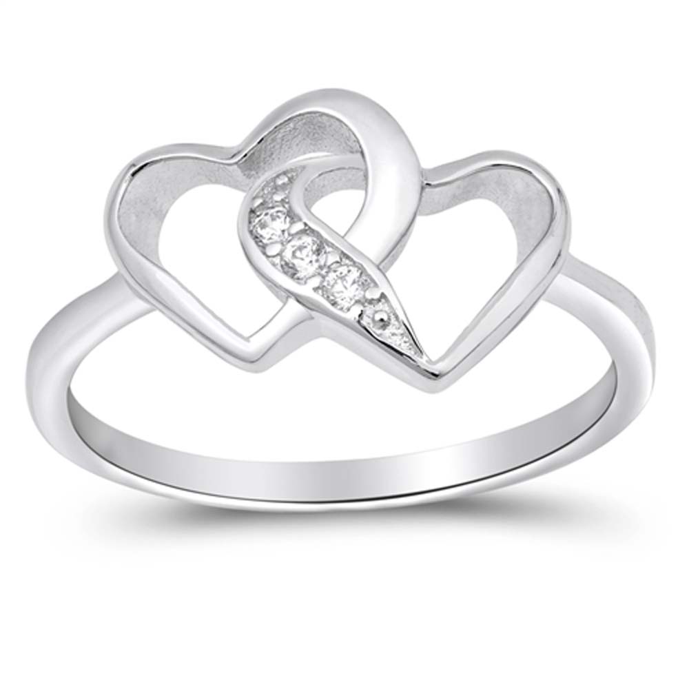Sterling Silver Double Hearts Shaped Clear CZ RingsAnd Face Height 10mm