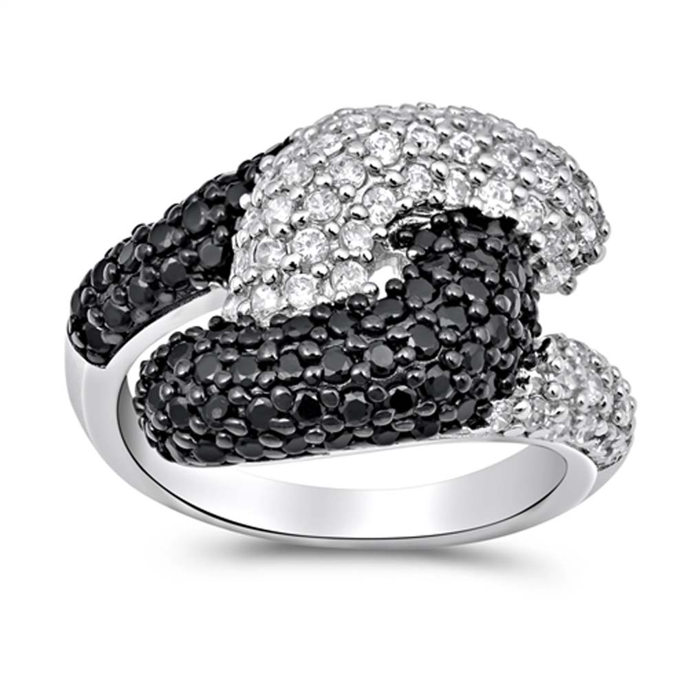 Sterling Silver Loop Lock Shaped Black And Clear CZ Ring