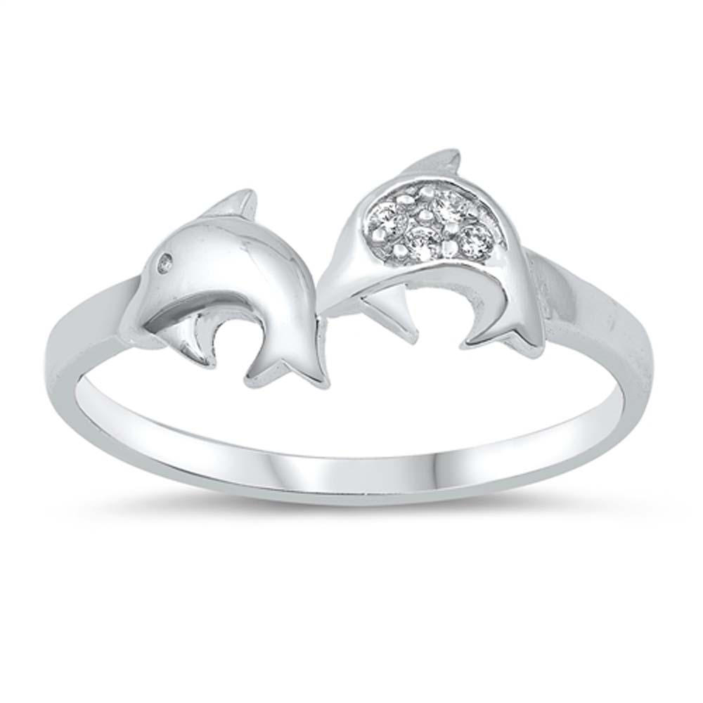 Sterling Silver Dolphins Shaped Clear CZ Ring, Face Height 7mmAnd Band Width 2mm